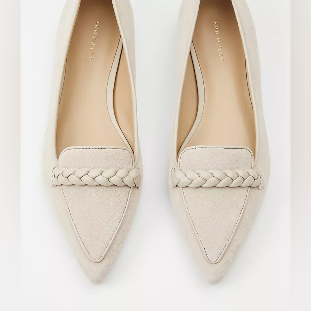 Ann Taylor Beige Tan Braided Suede Pointy Toe Heels Pumps